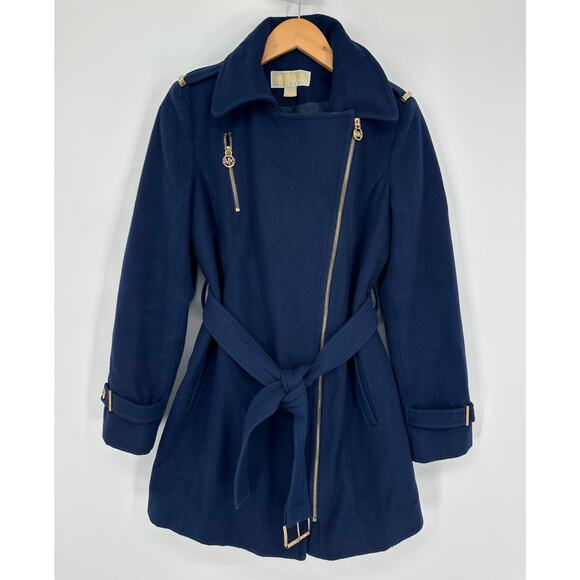 Michael Kors Wool Blend Belted Peacoat Classic Preppy Collared Jacket Navy Blue - Picture 8 of 15